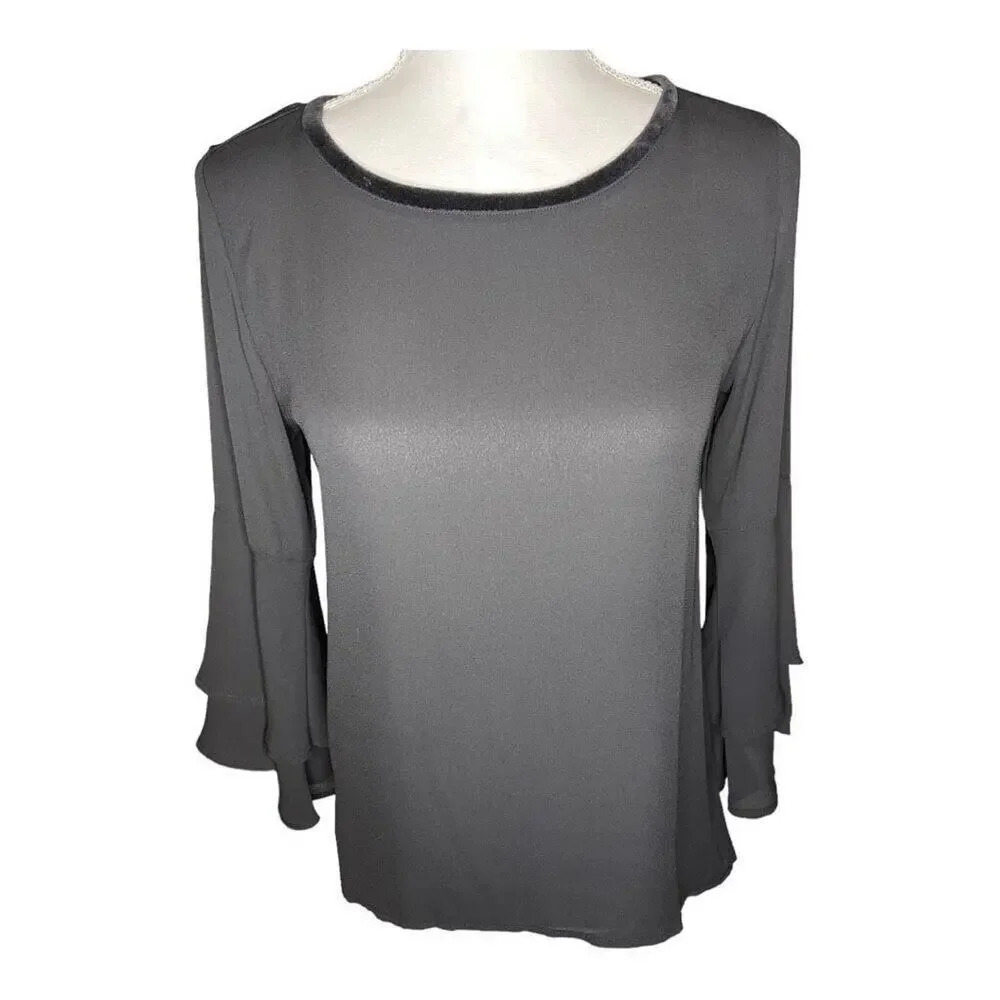 Ann Taylor LOFT Petite XS Black Mixed Media Bell Sleeve Lightweight Blouse
